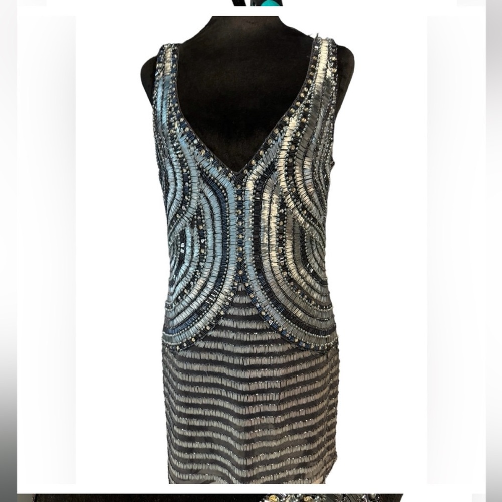 Basix black label silver black beaded mini dress 10 moulin rouge great gatsby